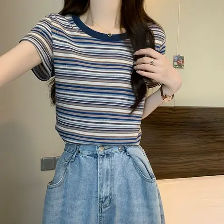 美式复古高街设计感插肩短袖t恤女夏季2023新款港风短款上衣潮牌商品大图