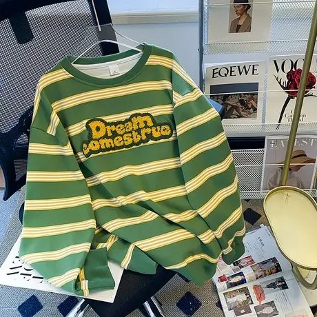 刺绣字母条纹卫衣女春秋季薄款宽松设计感美式复古chic慵懒风上衣商品大图