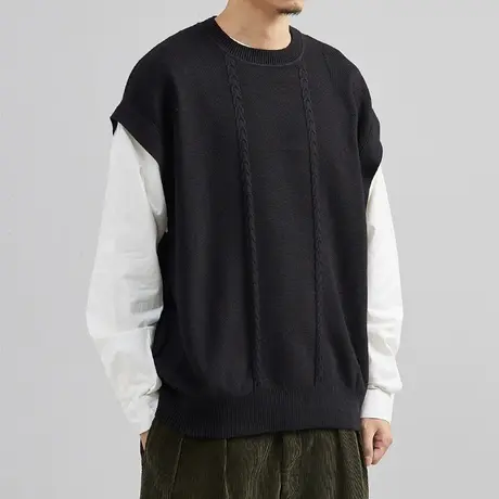 设计师假两件毛衣男士黑色圆领2022秋季新款潮流毛衫韩版针织衫男图片