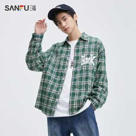三福2023秋男士扎染格子长衬衫 潮流哥特字母宽松上衣男474148商品大图