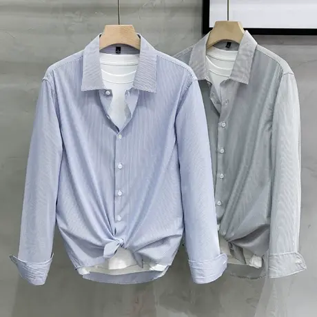 春秋季高级感蓝色条纹衬衫男士长袖商务休闲衬衣修身免烫男人寸衫商品大图