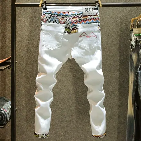 九分白色ins潮牌修身牛仔裤男款夏季破洞韩版小脚裤潮流拼接裤子商品大图
