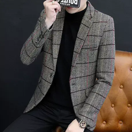 2021春秋西服男休闲修身小西装上衣外套韩版潮流格子青年帅气单西商品大图