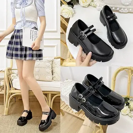 法式玛丽珍鞋女2023春秋粗跟厚底英伦学院风jk小皮鞋圆头高跟单鞋商品大图