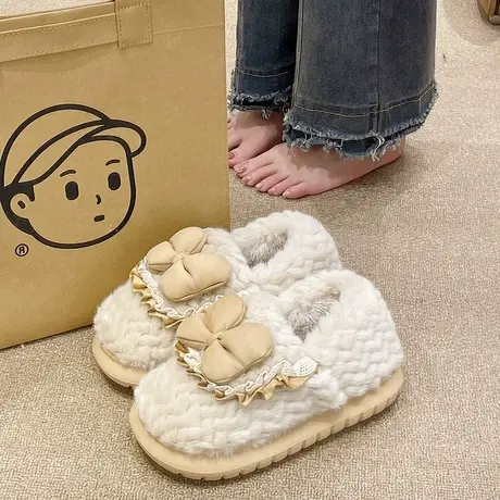 厚底棉拖鞋女2024秋冬季新款毛绒保暖可爱蝴蝶结家居室内包跟棉鞋图片
