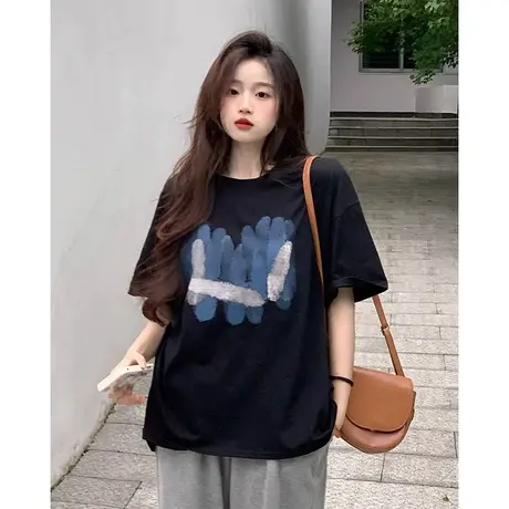 大码印花圆领短袖t恤女新款夏季胖mm休闲宽松显瘦体恤上衣2-300斤商品大图