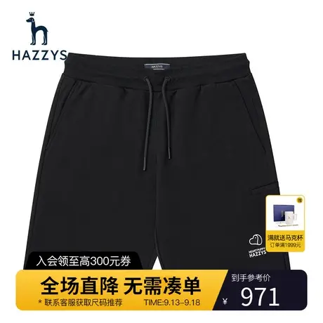 Hazzys哈吉斯夏季新品男装休闲直筒裤纯色系带短裤男潮流绣花裤子商品大图