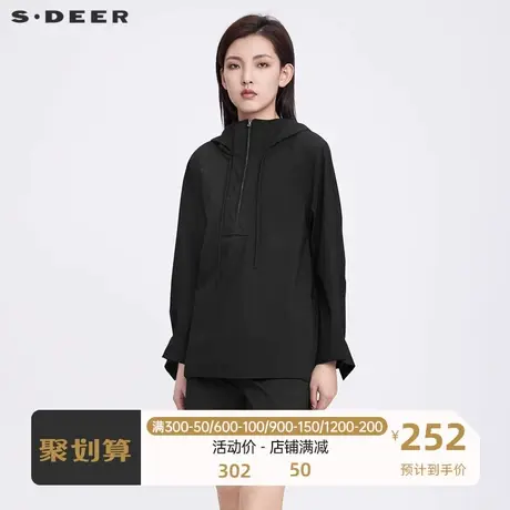 sdeer圣迪奥女装休闲抽绳高领连帽压褶拼接长袖衬衫S22180508🧙图片