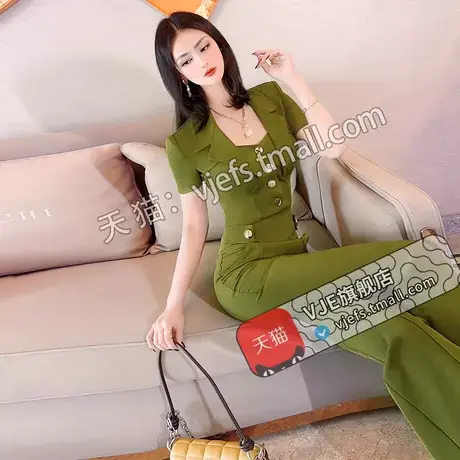 VJE夏季设计感假两件套装女新款气质短袖上衣高腰喇叭长裤图片