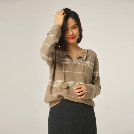 毛衣外套女2023新款条纹撞色针织秋冬宽松套头时尚百搭上衣W091图片