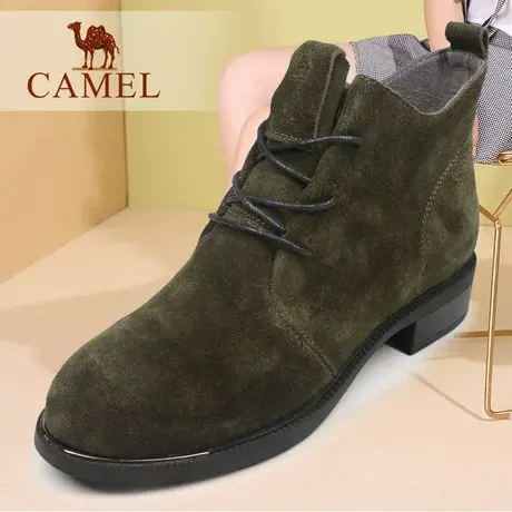 Camel/骆驼女鞋秋季休闲舒适短筒女靴磨砂牛皮中跟女士妈妈单靴子图片