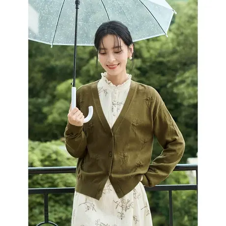 茵曼复古提花毛衣开衫2023秋女装新款V领落肩袖长袖宽松外套上衣图片