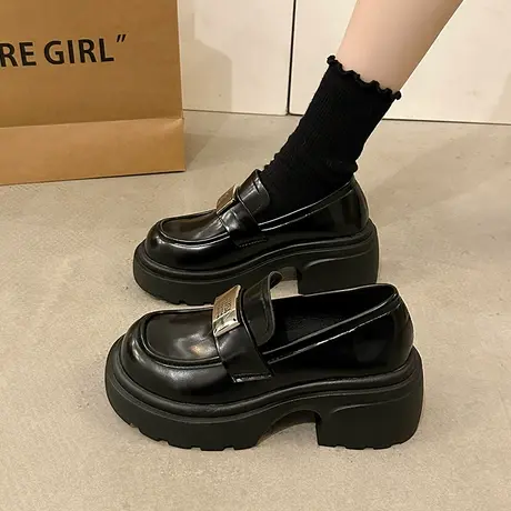 厚底乐福鞋女2024秋冬季新款小个子粗跟单鞋配裙子复古高跟小皮鞋商品大图