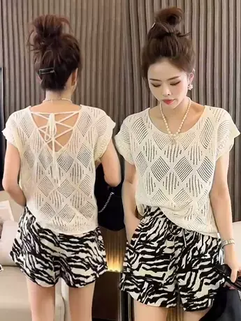 欧货设计感镂空露背针织衫女夏季轻薄减龄百搭小罩衫显瘦T恤上衣商品大图