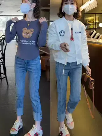 蓝色直筒牛仔裤女2023春夏新款拼接设计感高腰显瘦卷边九分烟管裤图片