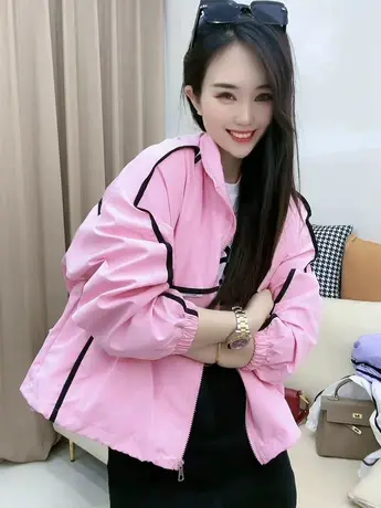 2023春季新款欧货撞色条纹女百搭宽松休闲防晒运动风短款薄款外套商品大图