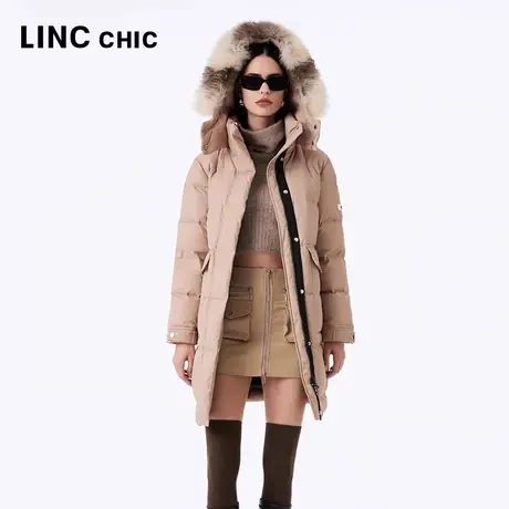 LINC金羽杰羽绒服女2023秋冬新品轻奢大毛领抗风保暖中长款面包服商品大图