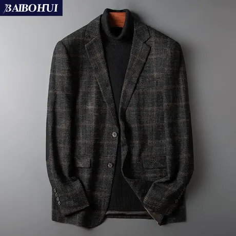 复古休闲西装男士外套修身韩版秋季新款格子补丁小西服男修身上衣商品大图