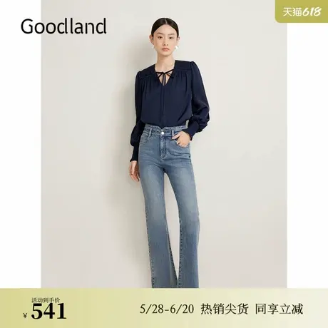Goodland美地春季法式优雅海岛丝系带上衣灯笼袖衬衫商品大图