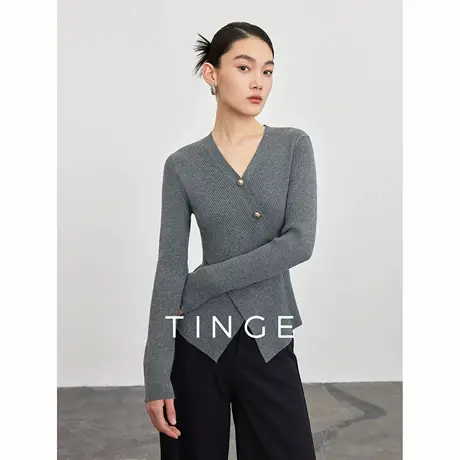 TINGE贴己春秋新款显瘦V领毛针织衫开衫女长袖打底外穿精致感上衣图片