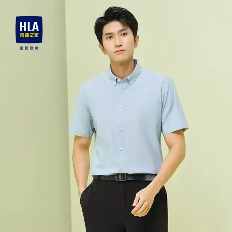 HLA/海澜之家2025条纹短袖休闲衬衫舒适透气时尚扣领衬衣男图片