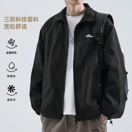 hansca户外防风黑色外套男2025新款春季潮牌宽松休闲翻领夹克男装图片