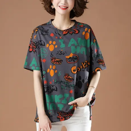 短袖t恤女夏季加肥加大码女装宽松纯棉印花百搭遮肚显瘦半袖体恤商品大图