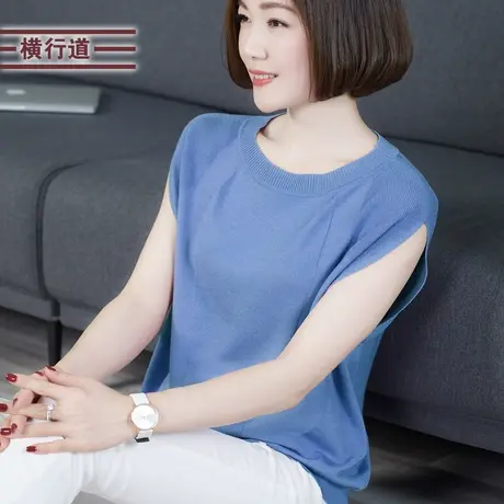 2023年新款上衣女夏装宽松中年妈妈无袖毛衣针织衫女装圆领蝙蝠袖图片
