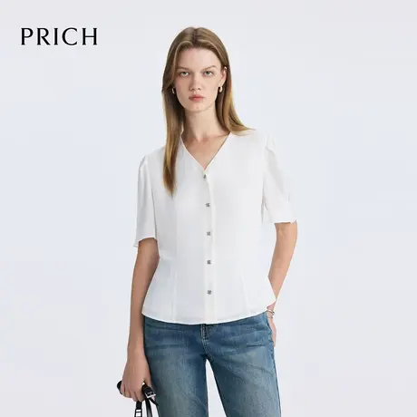 【超能小太阳】PRICH气质V领短袖衬衫2025夏新款收腰显瘦女图片