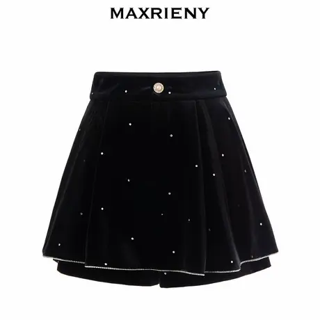 【奥莱】MAXRIENY秋季高腰短裤女黑色丝绒烫钻裤裙图片