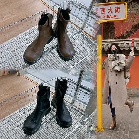 真皮马丁靴女2025秋冬新款粗跟复古英伦风短靴休闲百搭低筒靴子女商品大图