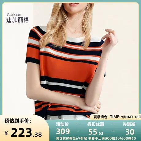迪菲丽格圆领条纹短袖T恤女装2023新款洋气别致针织衫修身上衣夏商品大图