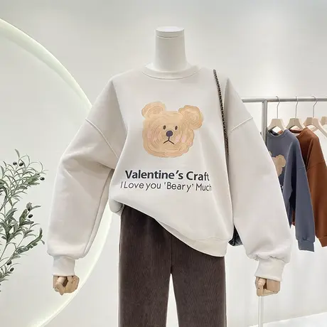 韩国东大门秋冬新款熊熊印花加绒加厚舒适宽松长袖圆领卫衣女上衣商品大图