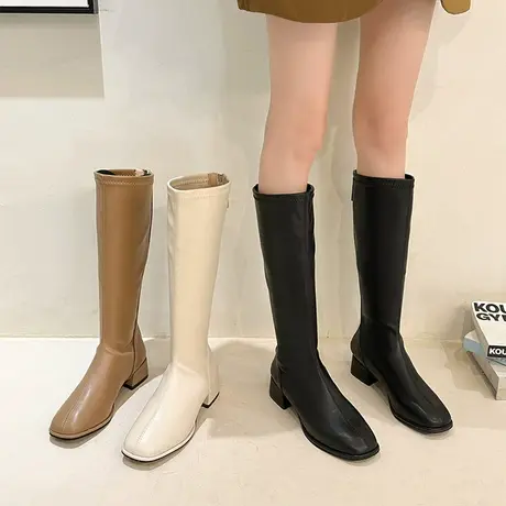 白色长筒靴女2023新款秋冬高筒骑士靴粗跟瘦瘦小个子不过膝长靴子图片