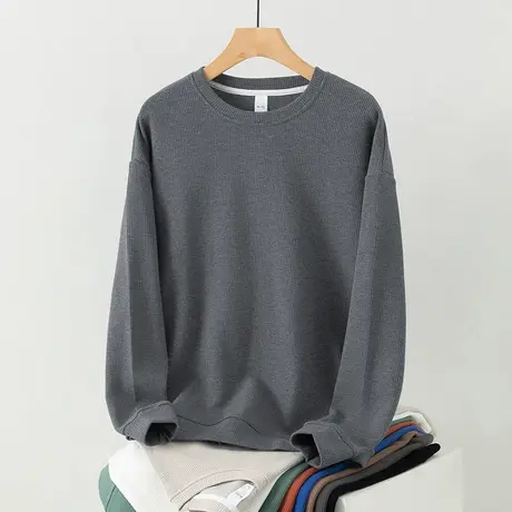 华夫格卫衣男生春秋款加绒加厚无帽衫上衣服圆领长袖t恤潮流百搭商品大图