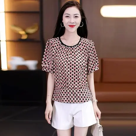 拉夏贝尔时尚洋气t恤印花显瘦女士2025夏季新款蕾丝圆领短袖小衫商品大图