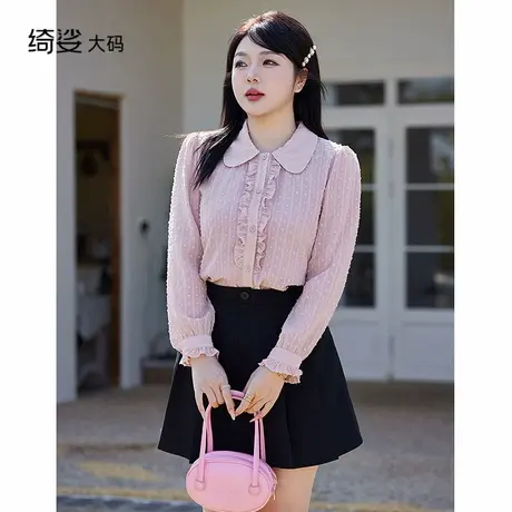 绮娑显瘦大码胖mm上衣女2025秋装新款气质长袖提花减龄直筒雪纺衫商品大图