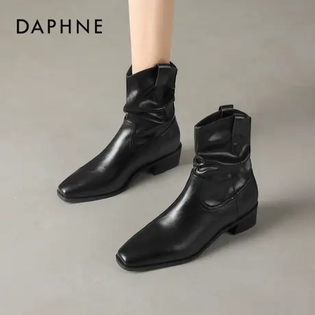达芙妮黑色堆堆短靴女款2026新款冬季靴子高跟复古尖头中筒骑士靴商品大图