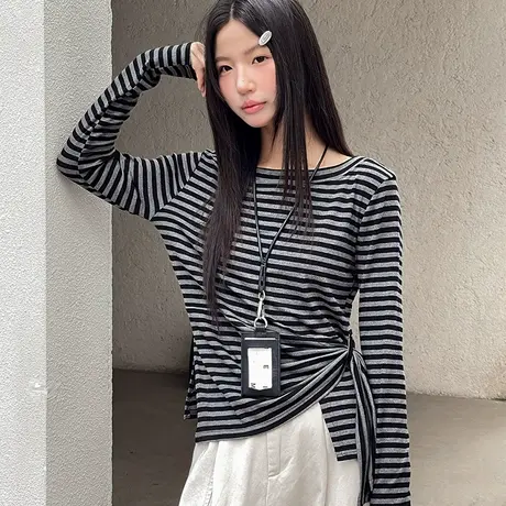 韩国东大门一字肩条纹长袖T恤女2025早秋新款修身显瘦百搭上衣女商品大图
