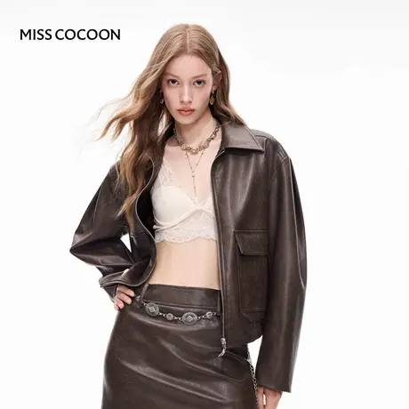 MISSCOCOON可可尼宽松通勤外套女2025秋季新款复古咖色翻领PU皮衣商品大图