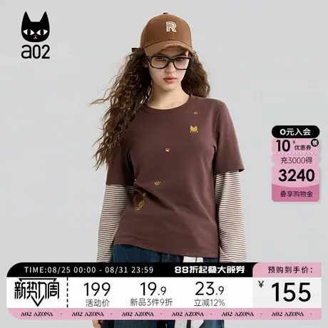 a02黑猫系列宽松假两件条纹长袖T恤女2025新款秋季圆领上衣打底衫商品大图