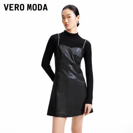 Vero Moda奥莱连衣裙夏季新款黑色PU收腰吊带A摆时髦显瘦皮裙子图片