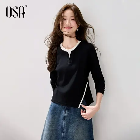 OSA欧莎高阶时尚假两件T恤女撞色圆领收腰长袖上衣2025年秋季新款商品大图