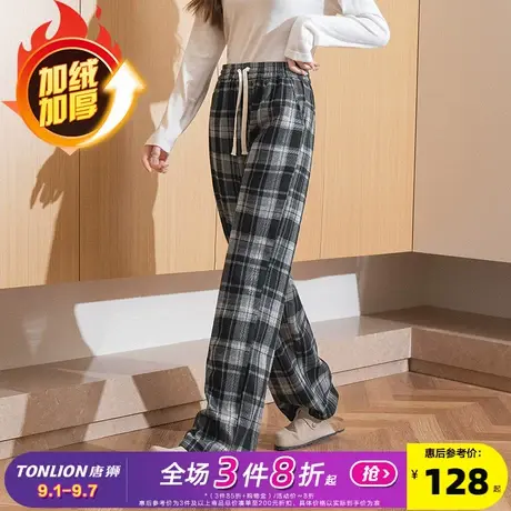 唐狮2024秋冬女休闲裤抽绳阔腿裤加绒格子裤高腰显瘦保暖长裤WP商品大图