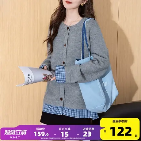 唐狮2025秋冬新款外套女简约格纹拼接假两件圆领开衫短款显瘦商品大图