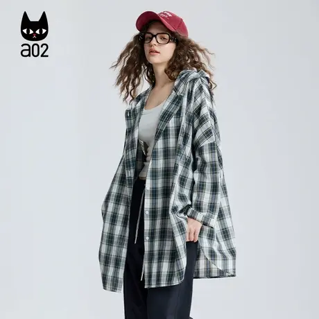 a02宽松格纹连帽衬衫女2025新款秋季通勤穿搭衬衣外套秋装上衣图片