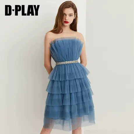 DPLAY德帕拉冬季新品雾霾蓝色网纱压褶无袖短款年会小礼服裙商品大图