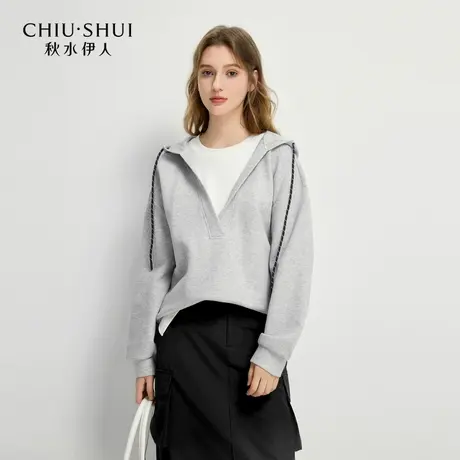 秋水伊人O型假两件拼接落肩袖连帽卫衣2025春新款女基础简约上衣商品大图