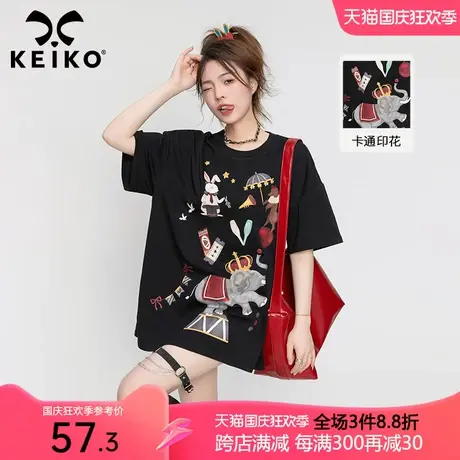 马戏团复古印花黑色短袖t恤女2023夏季新230g纯棉宽松上衣打底衫图片