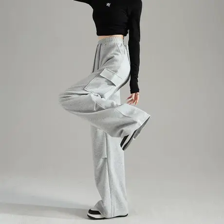 唐狮春秋新款女休闲裤宽松直筒阔腿裤显瘦百搭黑工装长裤 TD商品大图